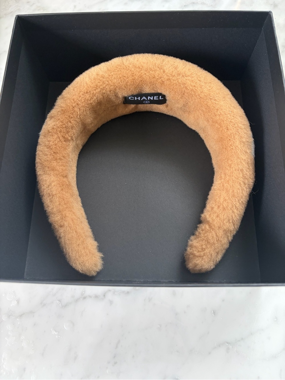 CHANEL Caramel 100% Shearling Headband with White Lettering - Picture 4 of 5